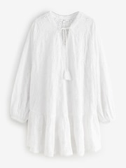 White 3D Cornelli Embelished Long Sleeve Tiered 100% Cotton Mini Dress - Image 5 of 7