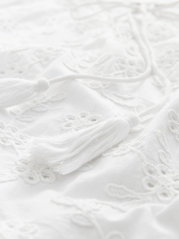 White 3D Cornelli Embelished Long Sleeve Tiered 100% Cotton Mini Dress - Image 7 of 7