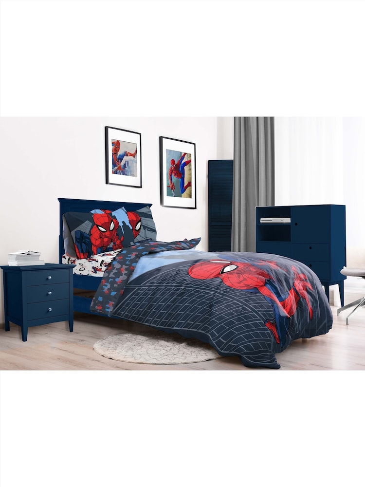 Spider-Man Blue Marvel Spiderman City Streets Duvet Cover, Fitted Sheet & Pillowcase Set - Image 1 of 6 Spider-Man Blue Marvel Spiderman City Streets Duvet Cover, Fitted Sheet & Pillowcase Set - Image 1 of 6