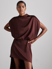 Reiss Burgundy Edine Atelier Satin Stepped-Hem Dress - Image 3 of 8