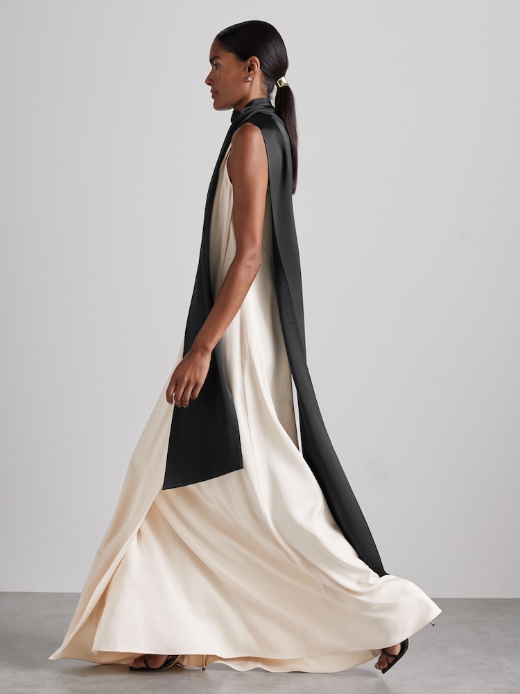 Reiss Black/Ivory Isobel Atelier Sash-Neck Satin Occasion Dress - Image 3 of 6