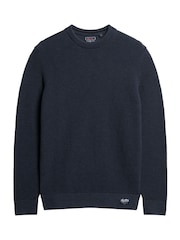 Superdry Blue Textured Crew Knit 100% Cotton Jumper - Image 4 of 5