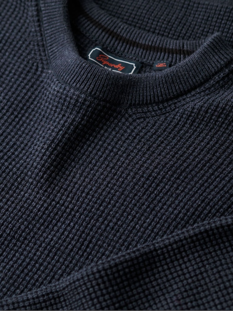 Superdry Blue Textured Crew Knit 100% Cotton Jumper - Image 5 of 5
