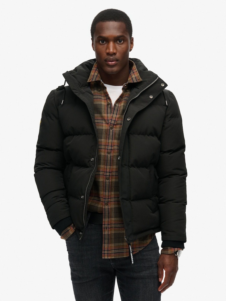 Superdry Black Everest Short Hooded Puffer Coat Jacket - Image 1 of 5