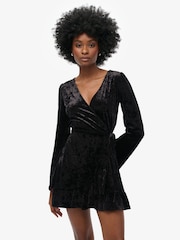 Superdry Black Long Sleeve Velvet Wrap Mini 100% Cotton Dress - Image 1 of 5