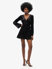 Superdry Black Long Sleeve Velvet Wrap Mini 100% Cotton Dress - Image 2 of 5