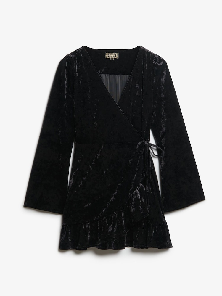 Superdry Black Long Sleeve Velvet Wrap Mini 100% Cotton Dress - Image 5 of 5