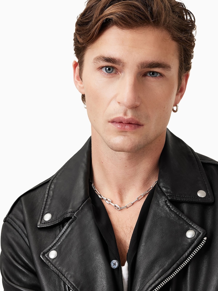 AllSaints Black Milo Black Asymmetric Zip Leather Biker Jacket - Image 10 of 11