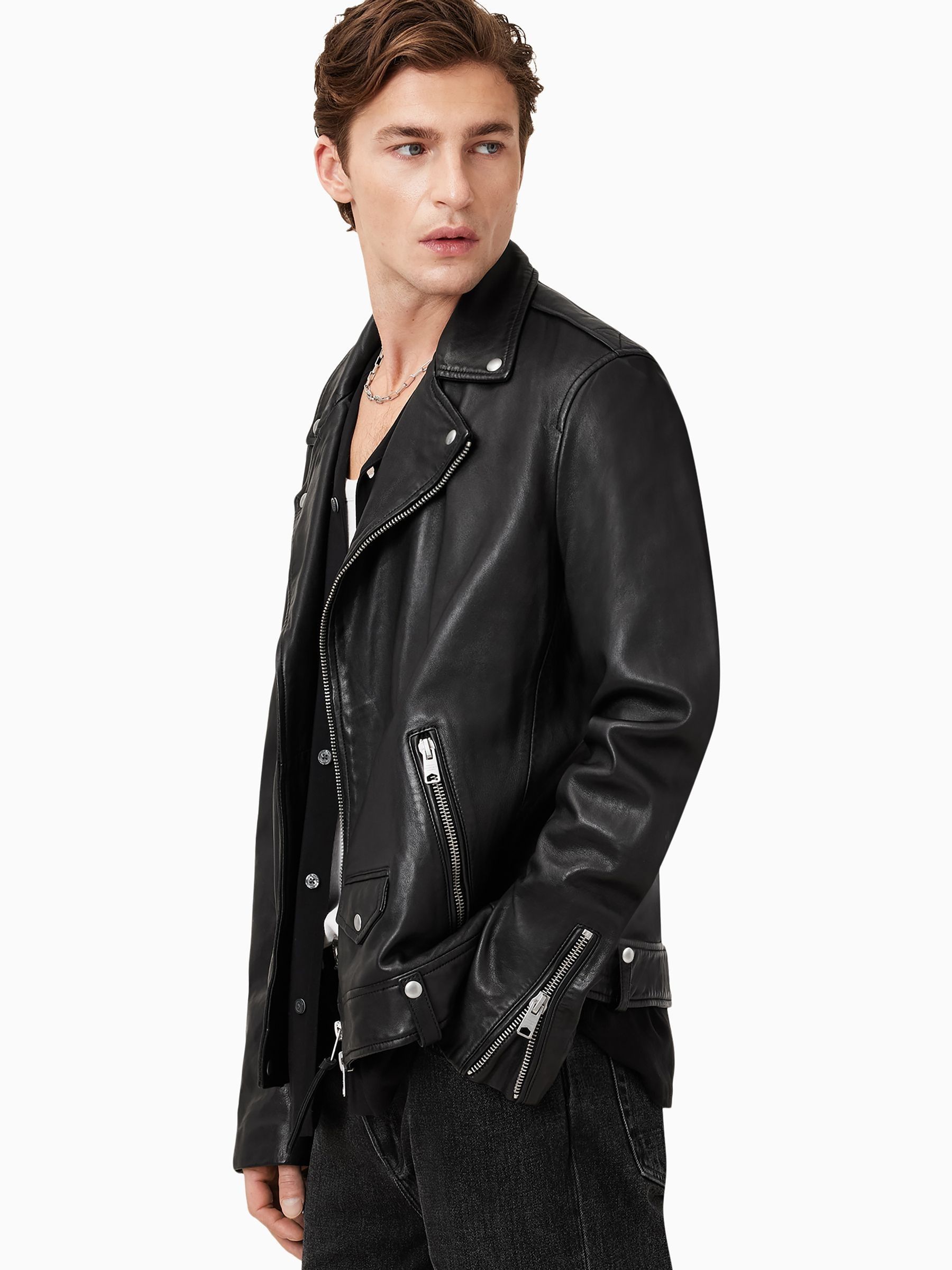 Buy AllSaints Black Milo Black Asymmetric Zip Leather Biker Jacket