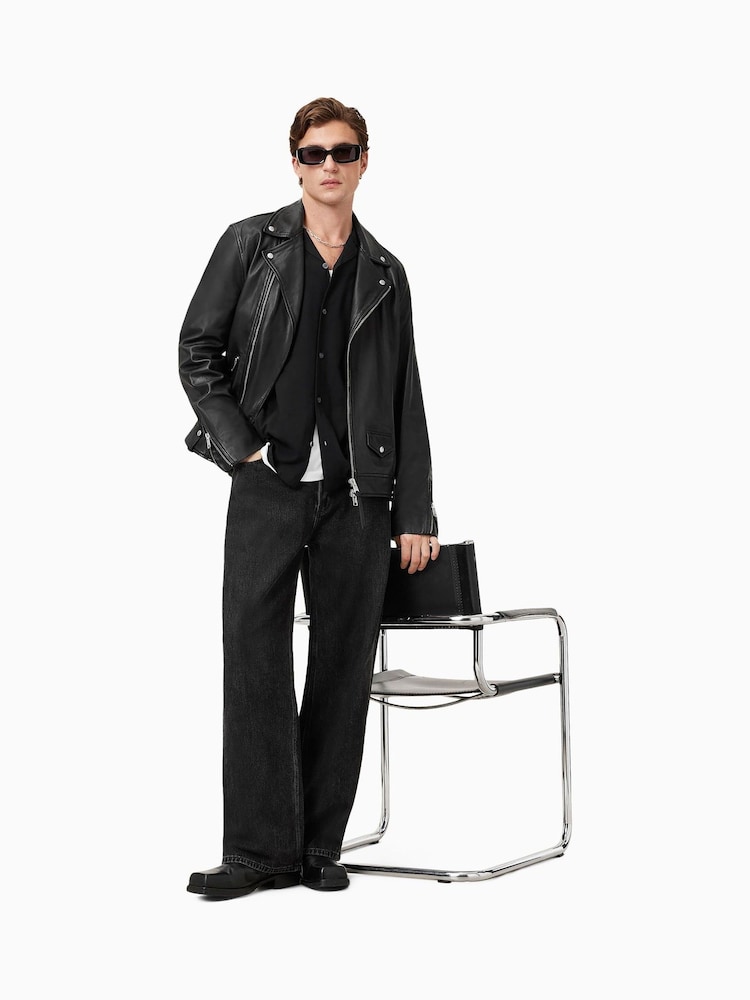 AllSaints Black Milo Black Asymmetric Zip Leather Biker Jacket - Image 8 of 11
