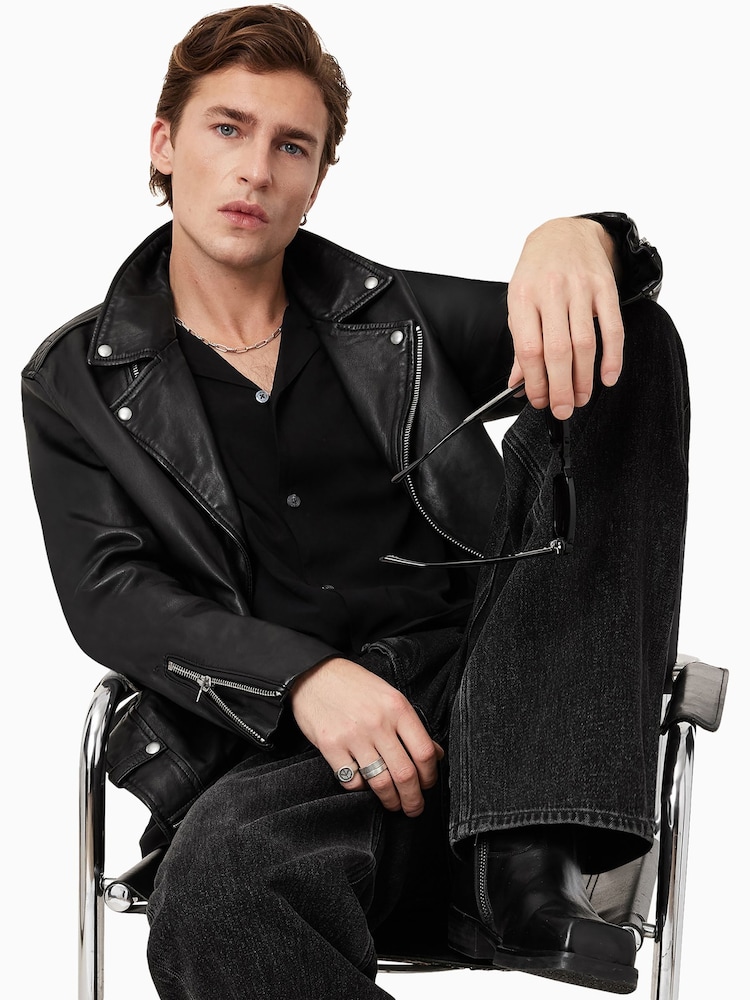 AllSaints Black Milo Black Asymmetric Zip Leather Biker Jacket - Image 9 of 11