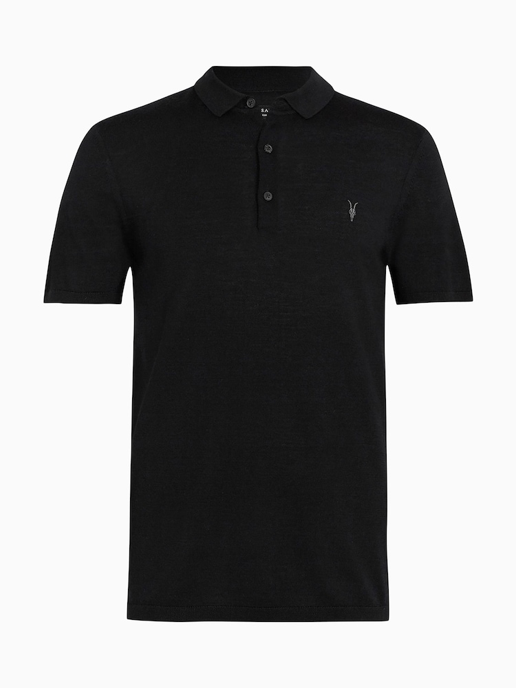 AllSaints Black Mode Merino Wool Navy Blue Short Sleeve Polo Neck Jumper - Image 7 of 7