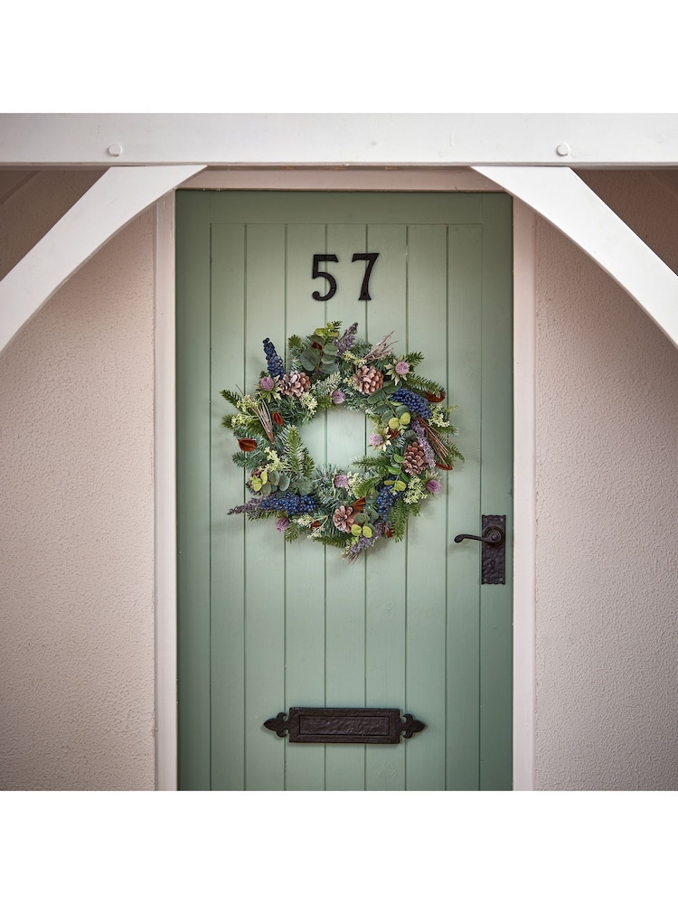Premier Decorations Ltd Green 50cm Eucalyptus Thistle Blackberry & Cone Wreath - Image 1 of 2