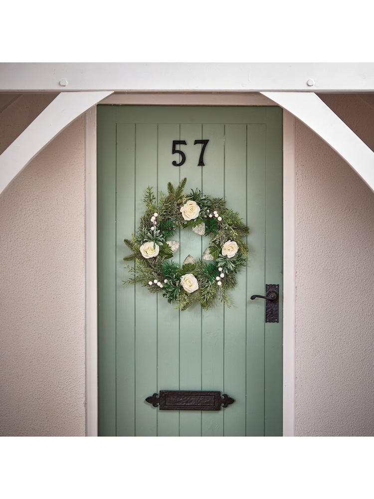 Premier Decorations Ltd 50cm White Rose Christmas Wreath - Image 1 of 2