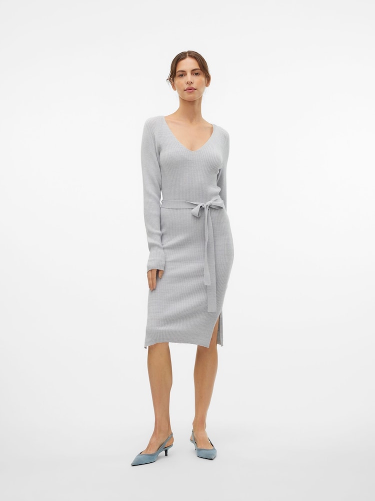 VERO MODA Grey Long Sleeve V-Neck Belted Rib Dress - Image 2 of 6