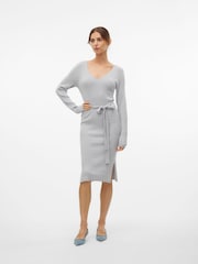 VERO MODA Grey Long Sleeve V-Neck Belted Rib Dress - Image 4 of 6