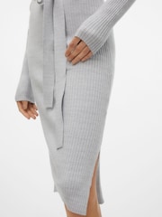 VERO MODA Grey Long Sleeve V-Neck Belted Rib Dress - Image 5 of 6