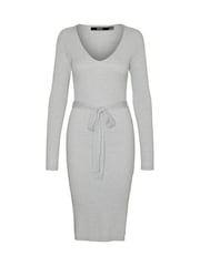 VERO MODA Grey Long Sleeve V-Neck Belted Rib Dress - Image 6 of 6