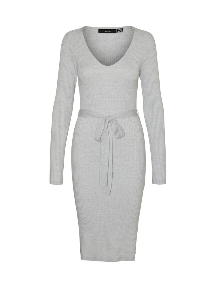 VERO MODA Grey Long Sleeve V-Neck Belted Rib Dress - Image 6 of 6