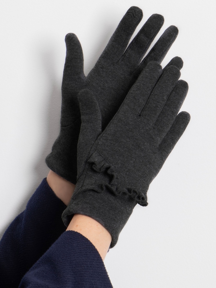 Totes Grey Ladies Isotoner Thermal Smartouch Winter Gloves with Ruffle - Image 1 of 2