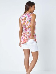 Roman Pink Floral Sleeveless Notch Neck Blouse - Image 3 of 5