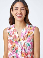 Roman Pink Floral Sleeveless Notch Neck Blouse - Image 4 of 5