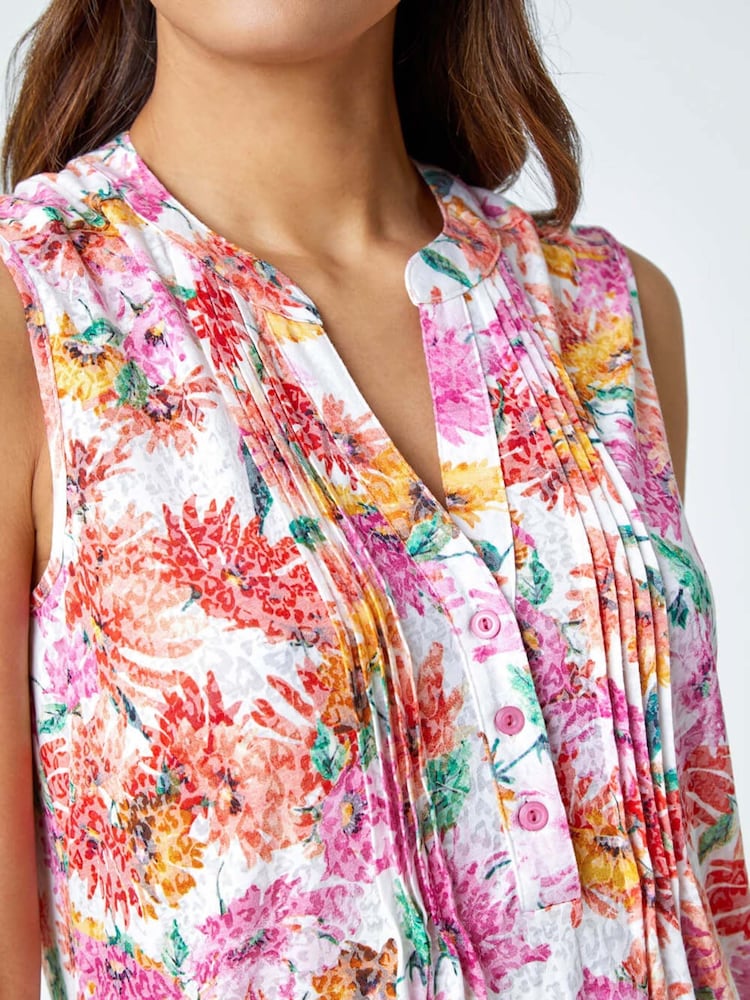 Roman Pink Floral Sleeveless Notch Neck Blouse - Image 5 of 5