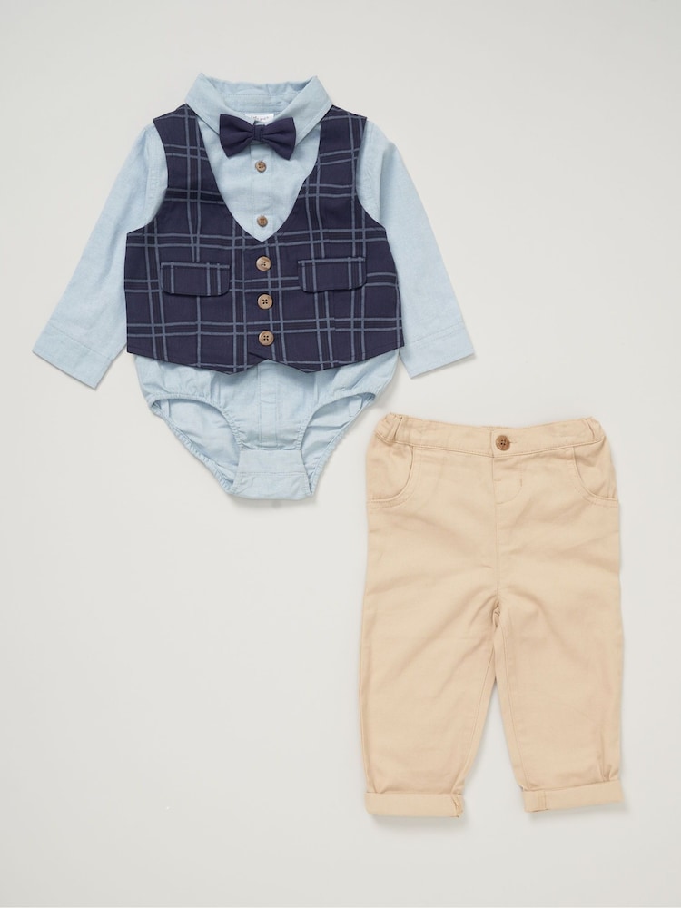 Little Gent Blue Mock 100% Cotton Waistcoat Bow Tie Outfit Set - Image 1 of 5