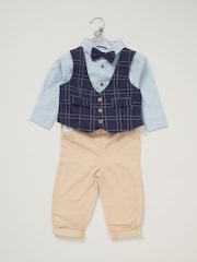 Little Gent Blue Mock 100% Cotton Waistcoat Bow Tie Outfit Set - Image 2 of 5