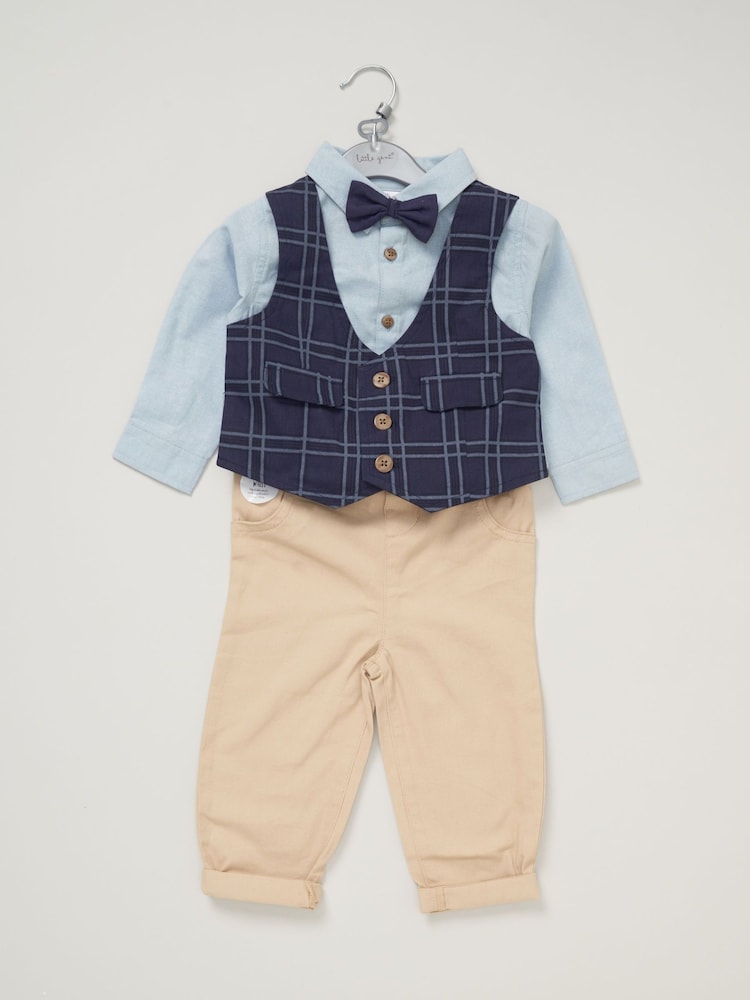 Little Gent Blue Mock 100% Cotton Waistcoat Bow Tie Outfit Set - Image 2 of 5
