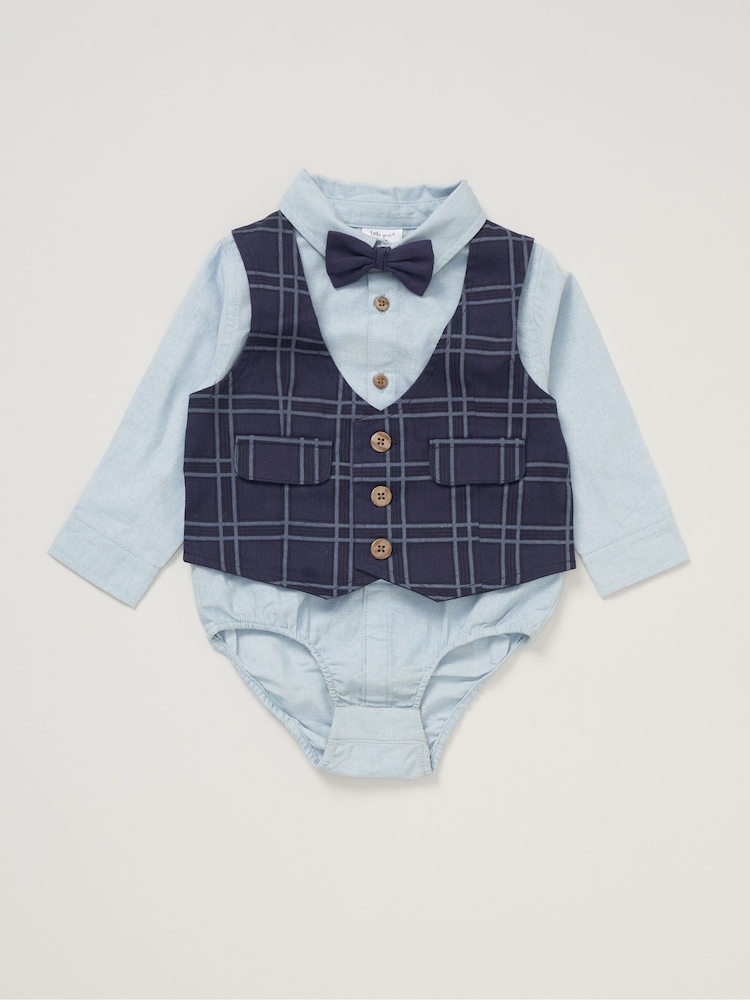 Little Gent Blue Mock 100% Cotton Waistcoat Bow Tie Outfit Set - Image 3 of 5