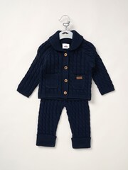 Little Gent Blue Shawl True Knit 100% Cotton Cardigan and Trousers Outfit Set - Image 1 of 5