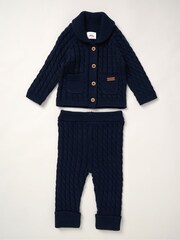 Little Gent Blue Shawl True Knit 100% Cotton Cardigan and Trousers Outfit Set - Image 2 of 5