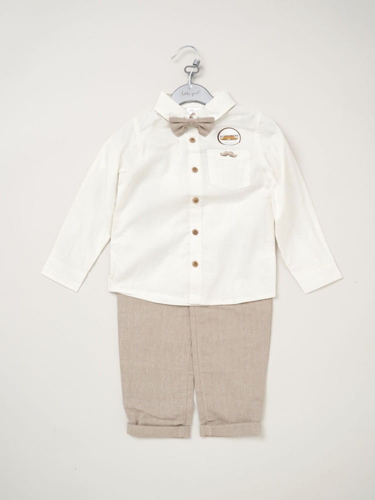 Little Gent Bow Tie Mock 100% Cotton Shirt and Trousers with Braces Outfit Set - Image 1 of 3