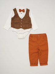 Little Gent Mock 100% Cotton Brown Waistcoat Bow Tie Outfit Set - Image 1 of 5