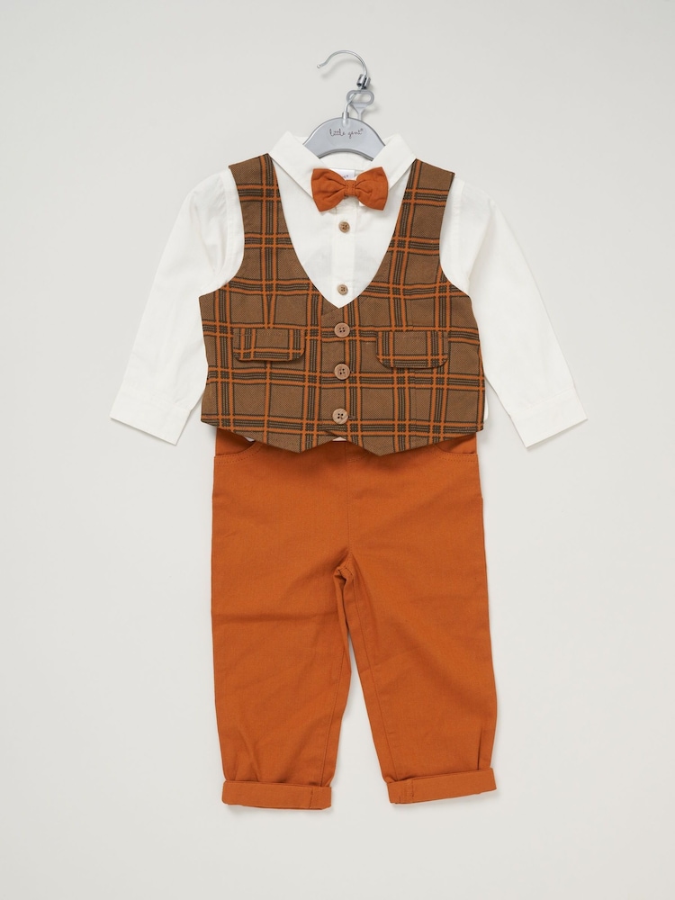 Little Gent Mock 100% Cotton Brown Waistcoat Bow Tie Outfit Set - Image 2 of 5