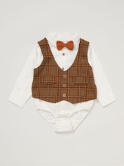 Little Gent Mock 100% Cotton Brown Waistcoat Bow Tie Outfit Set - Image 3 of 5