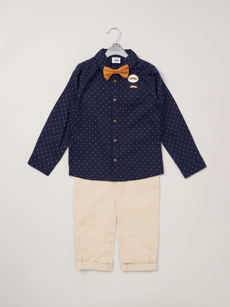 Little Gent Bow Tie Mock 100% Cotton Shirt and Trousers with Braces Outfit Set - Image 1 of 3 Little Gent Bow Tie Mock 100% Cotton Shirt and Trousers with Braces Outfit Set - Image 1 of 3
