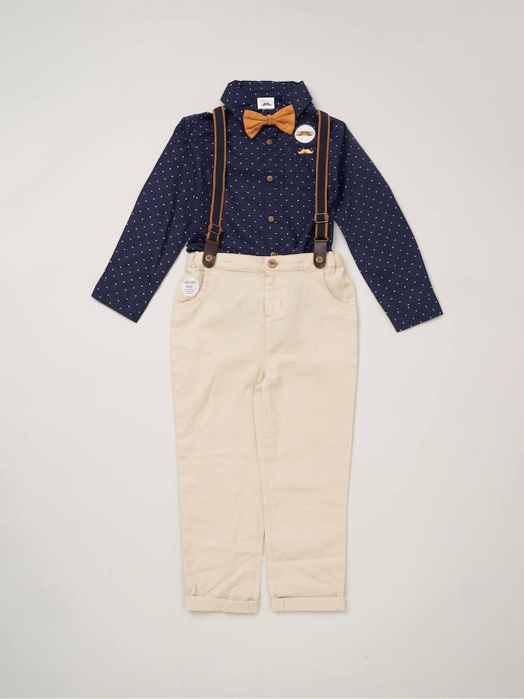 Little Gent Bow Tie Mock 100% Cotton Shirt and Trousers with Braces Outfit Set - Image 2 of 3