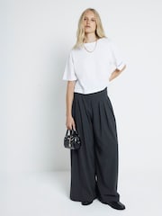 River Island Grey Double Belted Wide Leg Tailored Trousers - Image 1 of 4