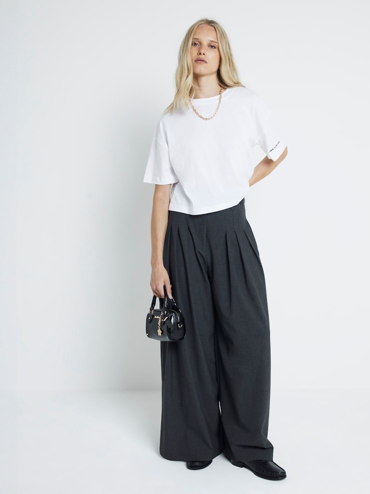 River Island Grey Double Belted Wide Leg Tailored Trousers - Image 1 of 4