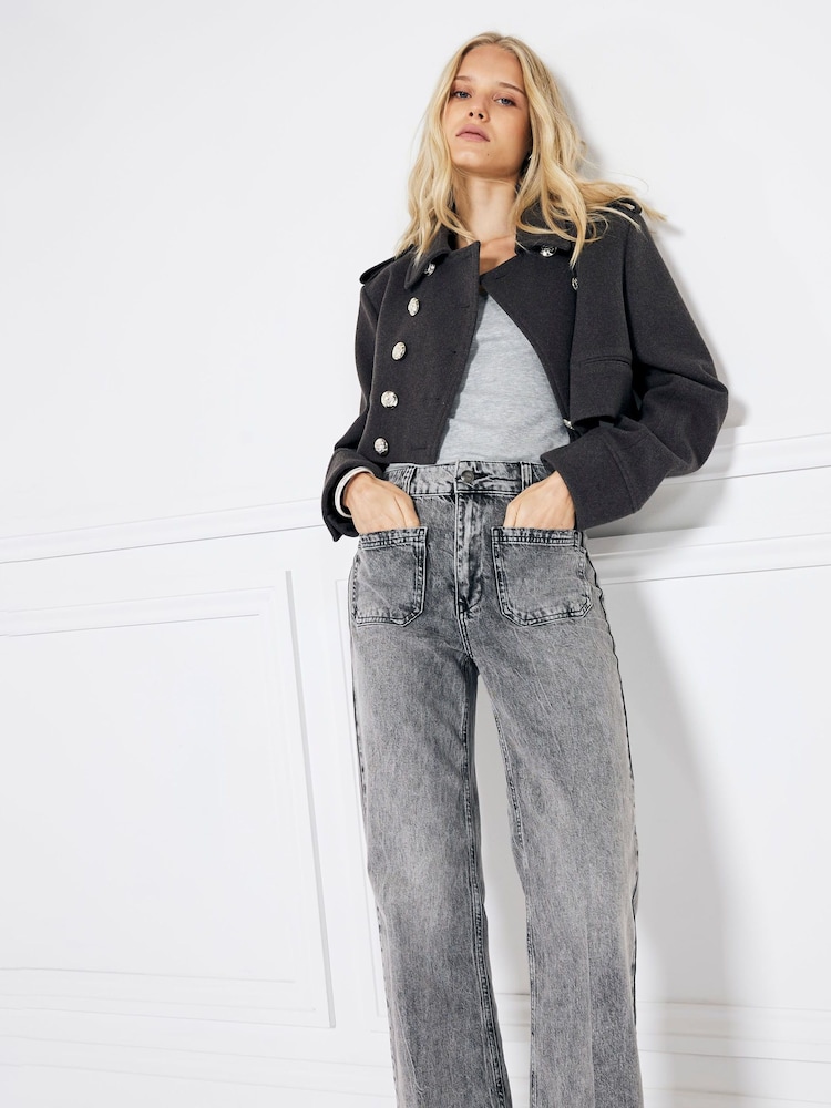 River Island Grey High Waisted Pocket Front Wide Leg Jeans - Image 3 of 4