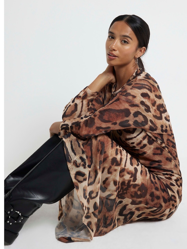 River Island Brown Petite Leopard Print Mesh Maxi Dress - Image 2 of 6