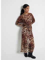 River Island Brown Petite Leopard Print Mesh Maxi Dress - Image 3 of 6