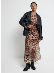 River Island Brown Petite Leopard Print Mesh Maxi Dress - Image 4 of 6