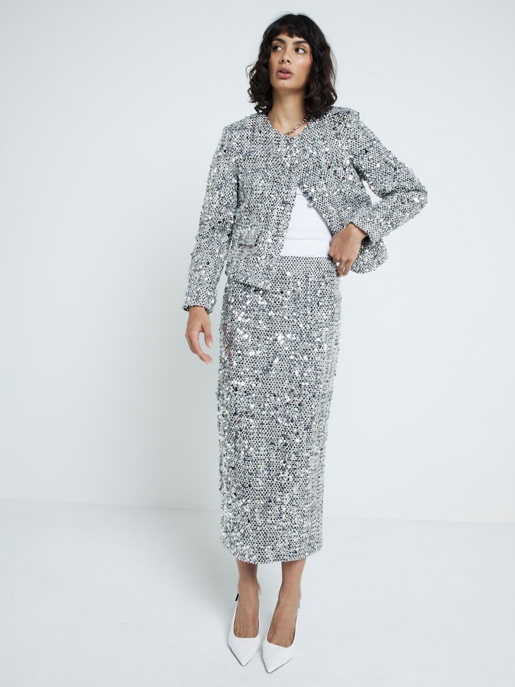 River Island Trophy Jacke ohne Kragen aus glitzerndem Material - Bild 1 von 5