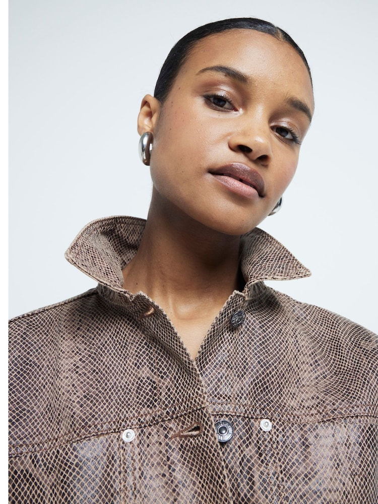River Island Brown Snake Print Cropped Denim 100% Cotton Jacket - Image 2 of 4