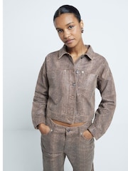 River Island Brown Snake Print Cropped Denim 100% Cotton Jacket - Image 3 of 4