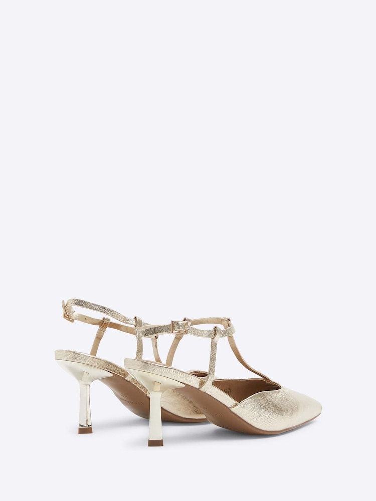 River Island Gold T Strap Mid Heel Courts - Image 2 of 3