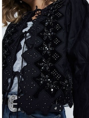 River Island 100% Cotton Sequin Quilted Tie-Front Jacket - Image 3 of 5